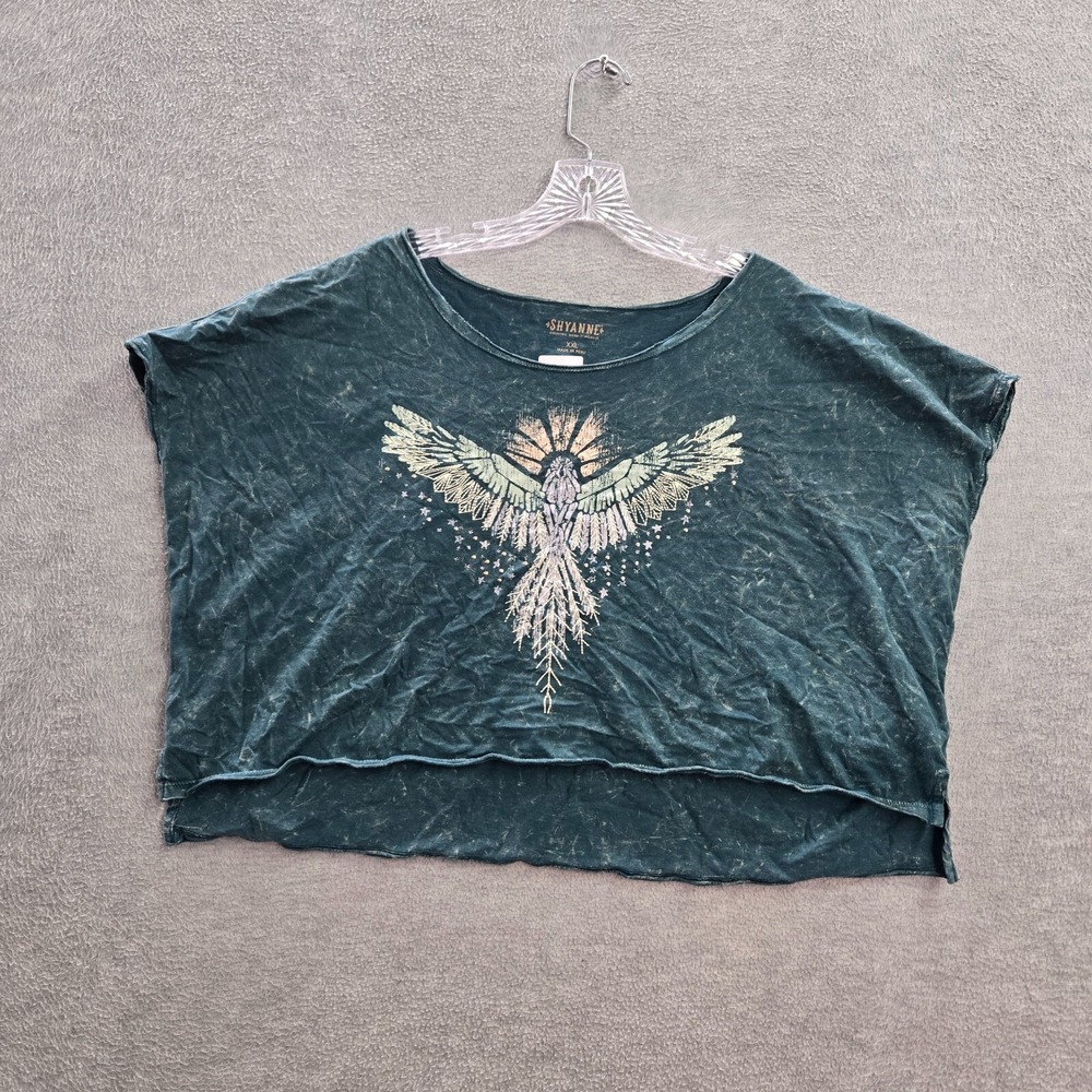 Shyanne Women Top‎ 2XL Green Shirt Southwestern Eagle Graphic Studded Cropped